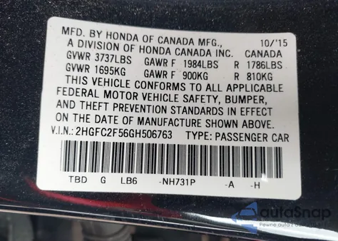 2016 Honda Civic Lx z USA, uszkodzony, nr VIN 2HGFC2F56GH506763